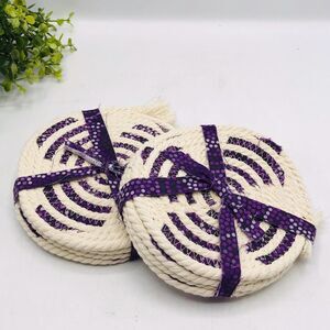 One Set of 4 Rope Coffee Coasters Cotton Purple Small Dots Cottage Core 4.5"